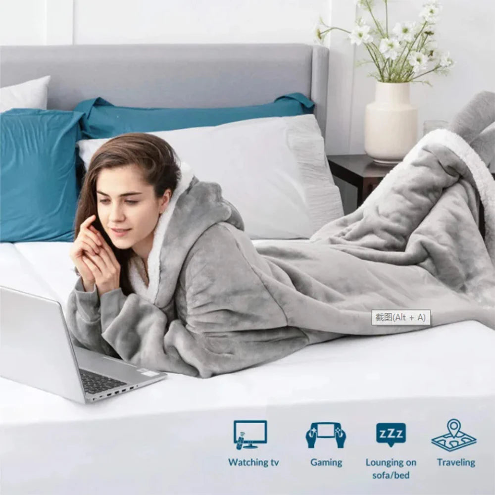 180cm Super Long Flannel Blanket Pyjamas with Sleeves Winter Hoodies Sweatshirt Women Men Pullover Fleece Giant Oversized Outdoo Pi-Mart
