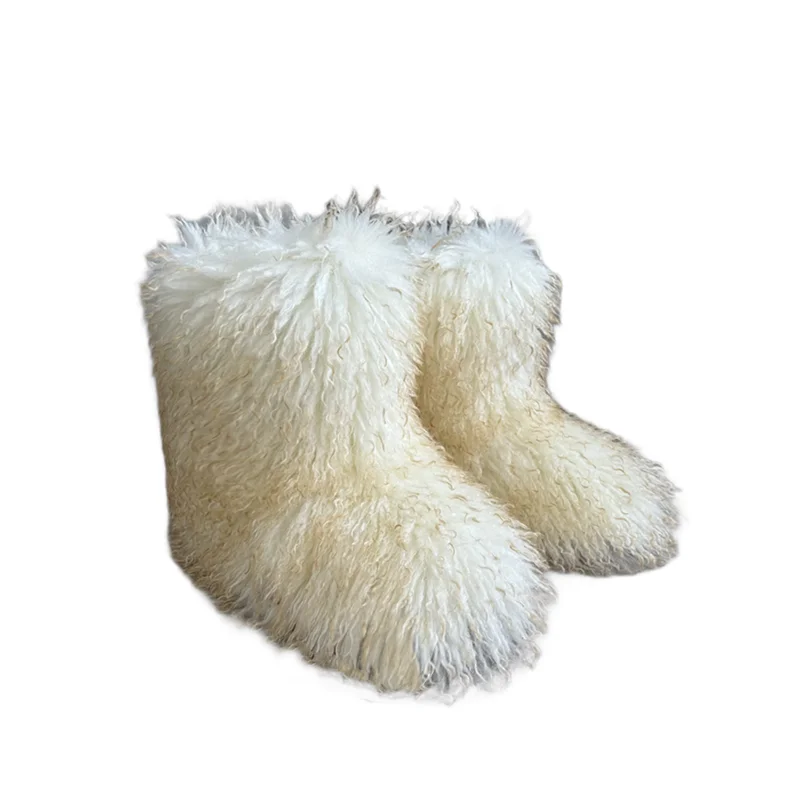 New Winter Fur Onepiece Raccoon Fur Female Snow Boots Fur Shoes Outdoor Mid Leg Boots LadyShow.Store