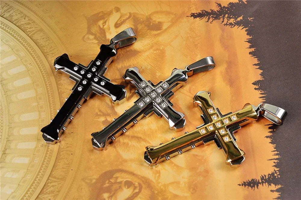 2024 New Male Crystal Cross Jesus Pendant Gold/Black/Blue Color Zirconia Cross Pendant Necklace Stainless Steel Jewelry Pi-Mart
