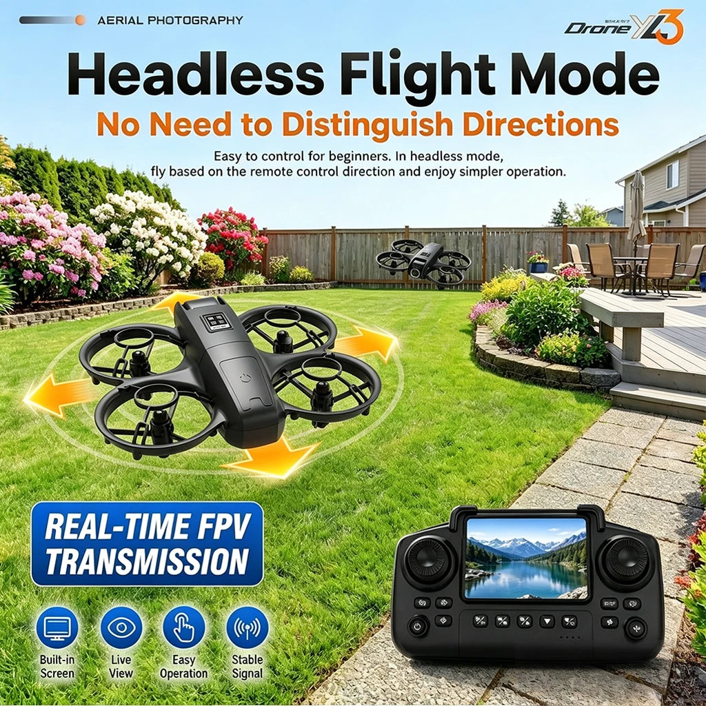 ZNLYRION YL3PK Mini Full Protective Drone With 2.4 Inch Screen Remote Dual Camera Optical Flow Hover 2 Batteries Indoor RC Quadcopter Pi-Mart