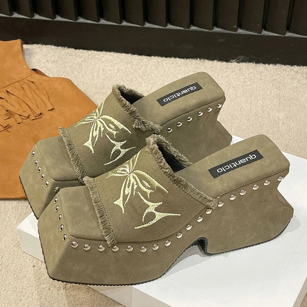 Punk Chunky Heels Mule Shoes Sandals For Women Rivet Platform Slide Sandals Open Toe 2026 Summer Trendy Shoes Street Women Shoes Pi-Mart