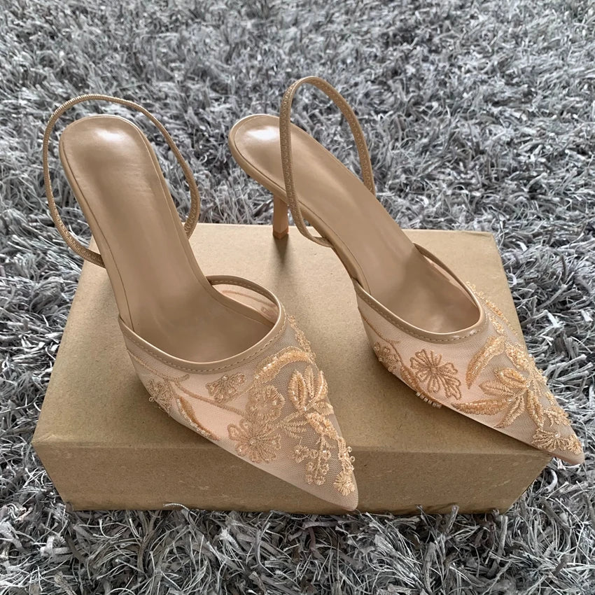 Black Embroidered Mesh Slingback High Heels Sandals for Women Designer Shoes Woman Elegant Style Wedding Party Pumps LadyShow.Store