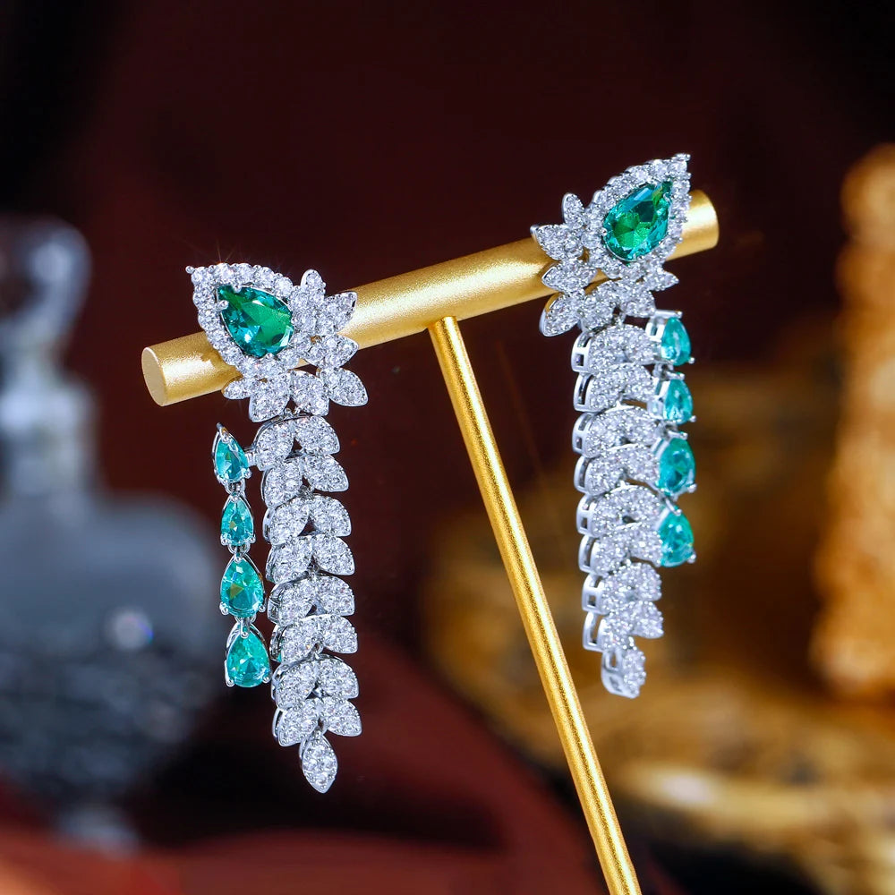 CWWZircons Dangling Leaf Drop Green Cubic Zirconia Luxury Long Earrings  for Women Beautiful Wedding Banquet Party Jewelry CZ959 Pi-Mart