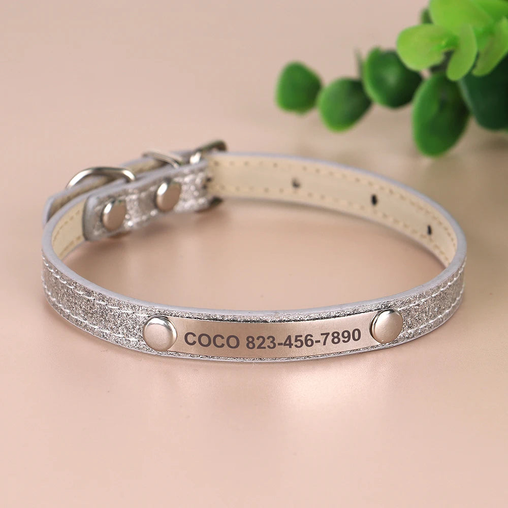 Personalized Cat Collar Custom Leather Cat Collars Free Engraved Puppy Kitten ID Necklace Bling Pet Collars for Small Dogs Cats Pi-Mart