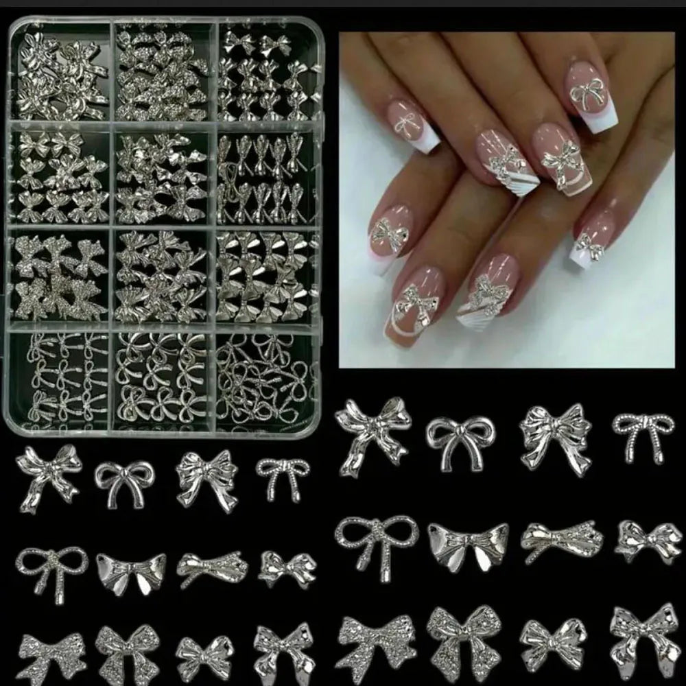 120Pcs/Box 3D Silver Exquisite Bowknot Nail Charms Simple Alloy Ribbon Bowtie Nail Art Decorations DIY Luxury Manicure Accessory Pi-Mart