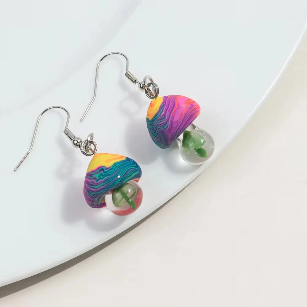 New Cute Polymer Clay Mushroom Acrylic Drop Earrings for Women Cartoon Colorful Flower Pendant Earring 2024 Trend Jewelry Gift Pi-Mart