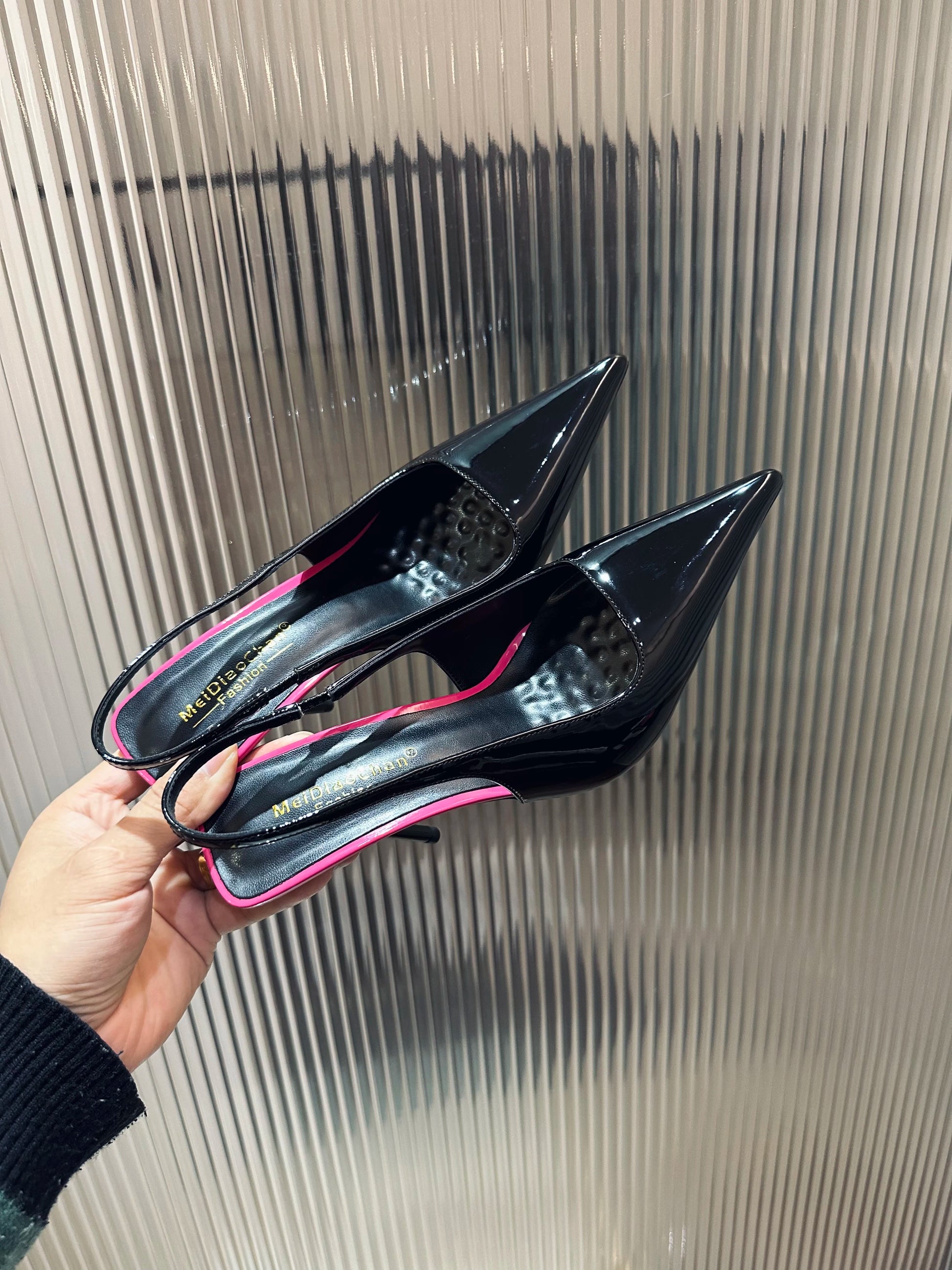 New Patent Leather Pointed Back Hollow Thin Heel Women's Sandals High Heels Thin Heel Sexy Back Hollow Temperament Single Shoe Pi-Mart