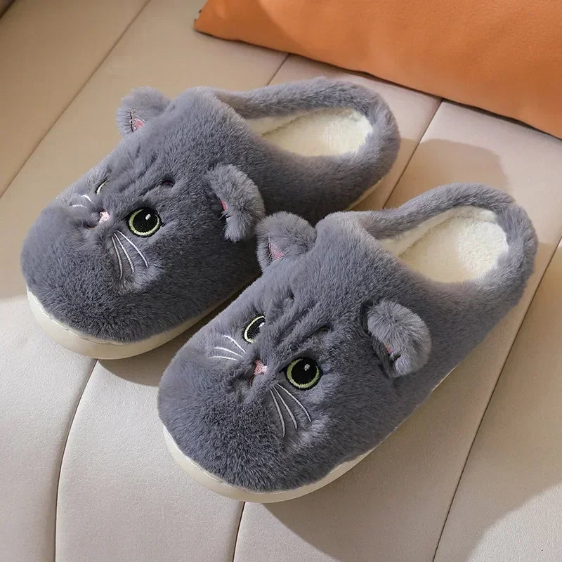 Cute Cat Slippers Fluffy Furry Women Home Platform Slippers Men Winter Plush Slides Indoor Fuzzy Slippers Lovely Cotton Shoes LadyShow.Store