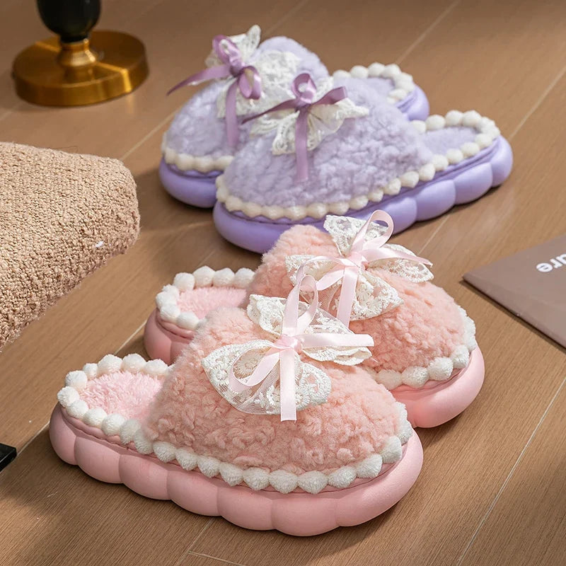 Winter Warm Fur Slippers For Women Thick-Soled Household Slippers Cute Bow Non Slip Soft Home Shoes Indoor Plush Women's Slipper LadyShow.Store
