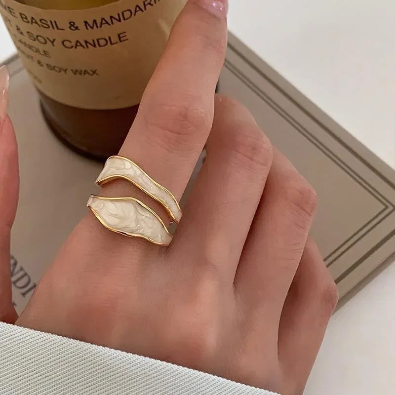 LATS Vintage White Enamel Metal Irregular Shape Geometric Open Adjustable Ring for Women Girl Fashion Jewelry Birthday Gifts Pi-Mart