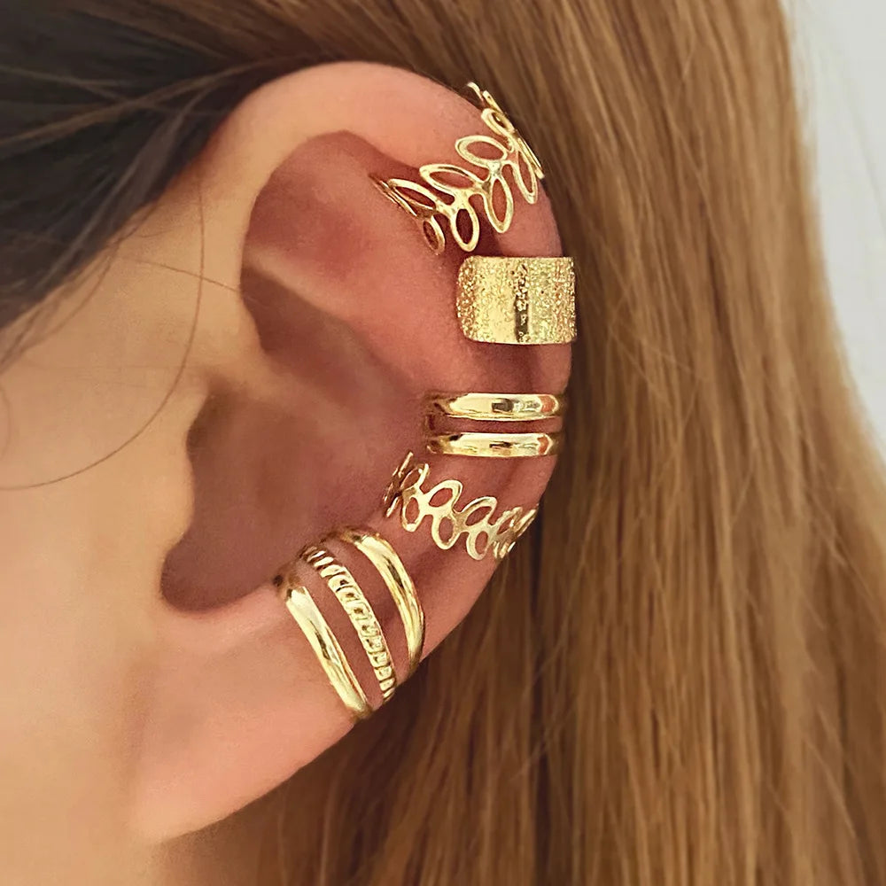 5pcs/set Retro Multi-element Leaf Geometric Ear Cuff Non-Piercing Ear Bone Clip Men and Women Summer Jewelry Boho Pi-Mart