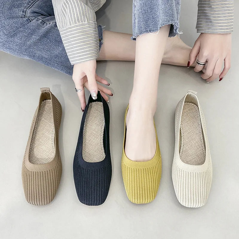 Women Leisure Flats Summer Autumn Flat Shoes Breathable Knitted Square Toe Slip-on Female Daily Walking Driving Loafers Pi-Mart