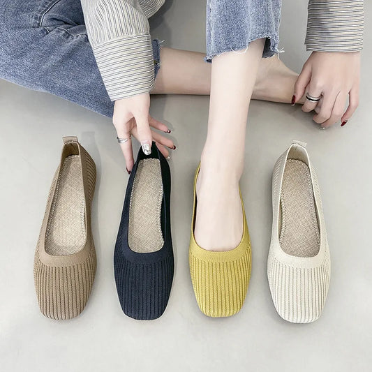 Women Leisure Flats Summer Autumn Flat Shoes Breathable Knitted Square Toe Slip-on Female Daily Walking Driving Loafers Pi-Mart