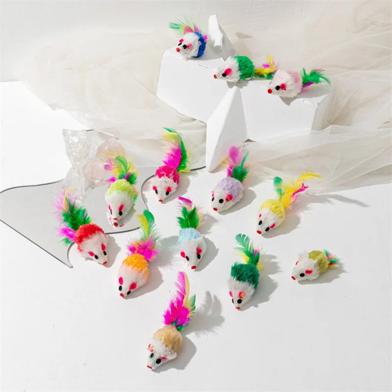 Interactive Cat Toy Realistic Mouse Shape with Rabbit Fur Feathers for Kitten Indoor Play Exercise Hunting Training Pi-Mart