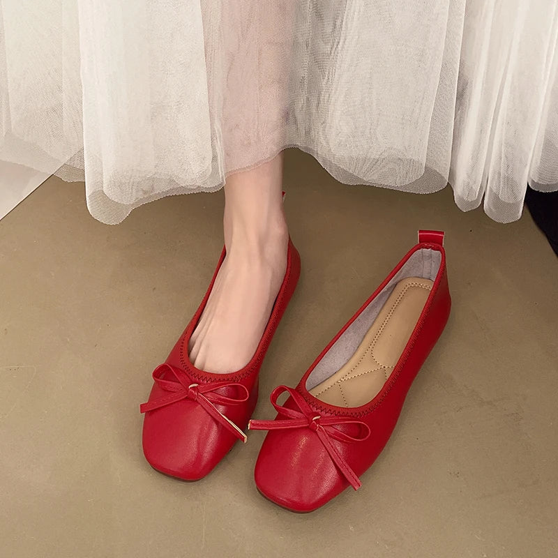 2026 Brand Women Flats Spring New Square Toe Bowknot Ladies Casual Ballet Shoes Big Size Slip on Soft Eelgant Dress Shoes 12457 Pi-Mart