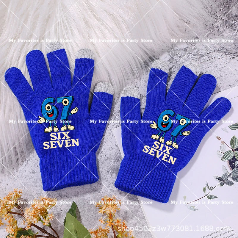 Funny 67 Six Seven Winter Gloves Touch Screen Gloves Fnafs Warm Stretch Knit Mittens Imitation Wool Full Finger Crochet Thicken Pi-Mart