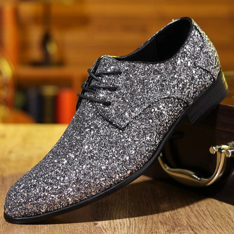 Luxury Men Dress Shoes Gold Silver Sequin Wedding Shoes High Quality Lace-Up  Oxford Shoes Fashion Designer Men Flats Large Size Pi-Mart