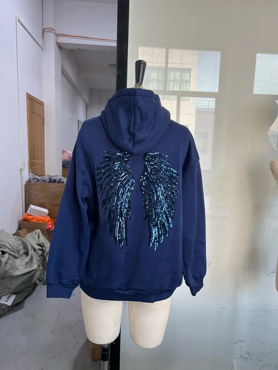 Women's Shinny Sequin Angel Wings Hooded Jacket Pant Long Sleeve Loose Casual Hooded Pullover 2025 New Lady Y2K Autumn Outwears LadyShow.Store