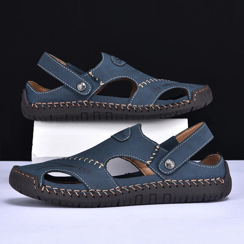 New Handmade Summer Sandals Men Breathable Leather Shoes Man Outdoor Men Sandals Antiskid Beach Sandals Hollow Shoes Fashion Pi-Mart