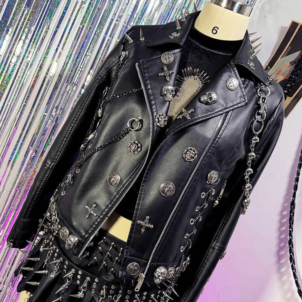 Women's Y2K Goth Black PU Leather Jacket Gothic Boho Emo Clothing with Skull Chain Punk Rock Grunge Rave Festival Coat for Teens Pi-Mart