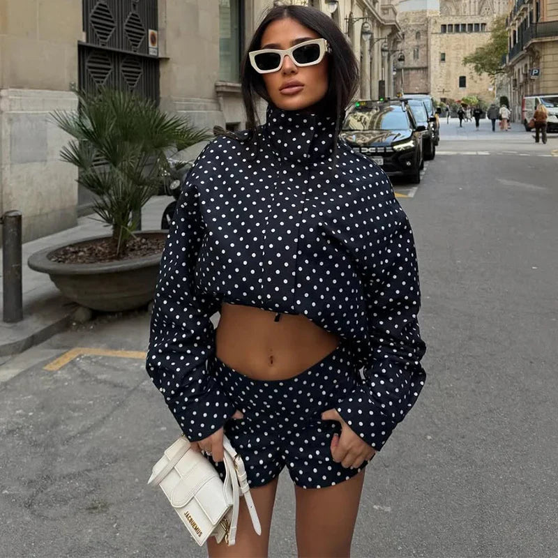 TARUXY Fashion Polka Dot Print Jacket Coat Women's Stand Collar Long Sleeved Workwear Coat Ins Hot Short Casual Female Jackets LadyShow.Store