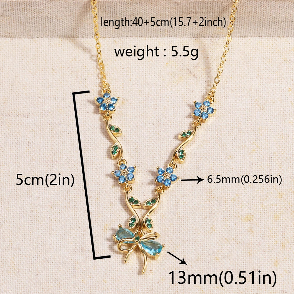 Summer New Fashion Exquisite Bow Leaf Flower Necklace For Women's Elegant Pink Zircon Chain Pendant Jewelry Gifts Pi-Mart