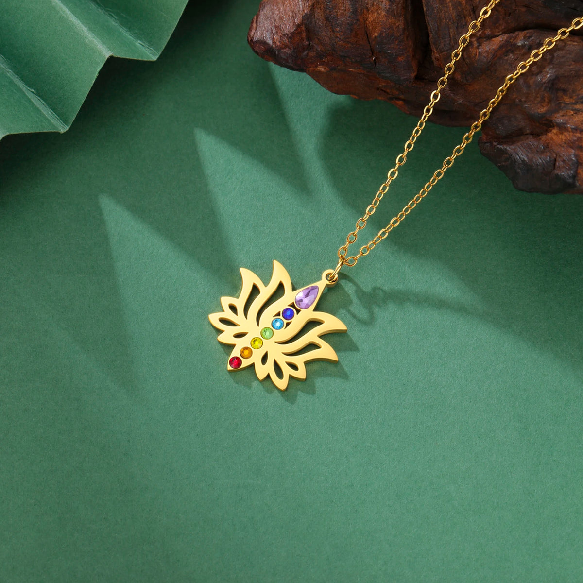 Gold Plated 7 Chakra Lotus Flower Necklace with Om Symbol Spiritual Yoga Jewelry Seven Colorful Zircon Lotus Flower Necklace Pi-Mart