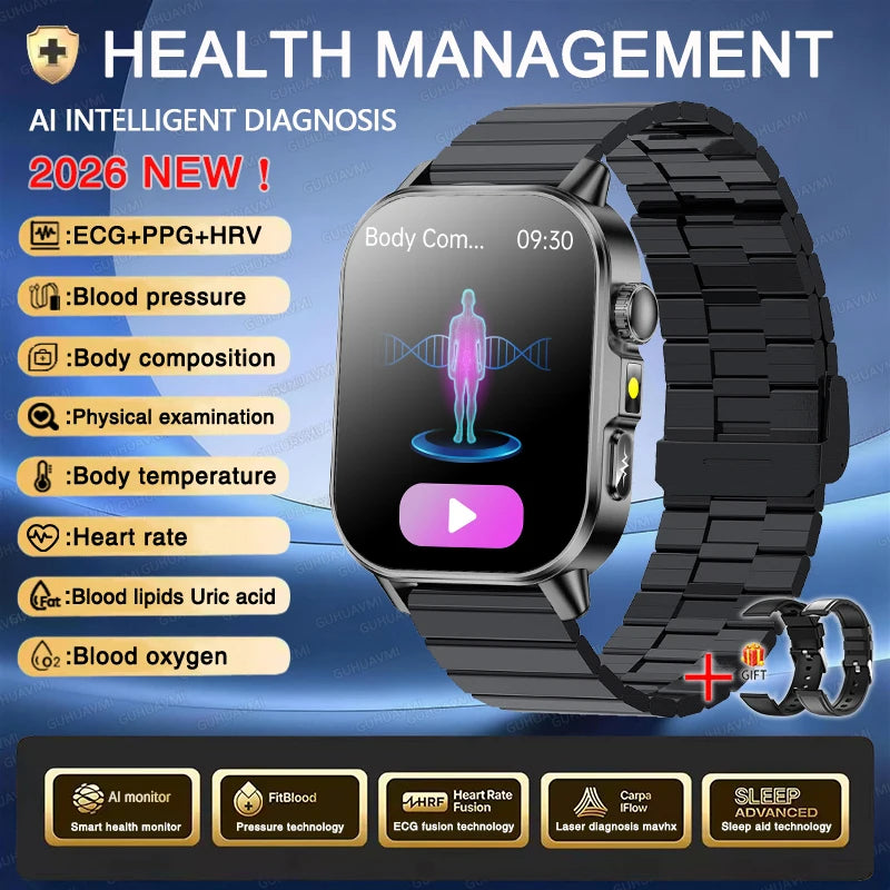 New Men Accurate Health Diagnosis ECG Smart Watch Blood Pressure Blood Oxygen Blood Fat Uric Acid Temp Bluetooth call Smartwatch Pi-Mart