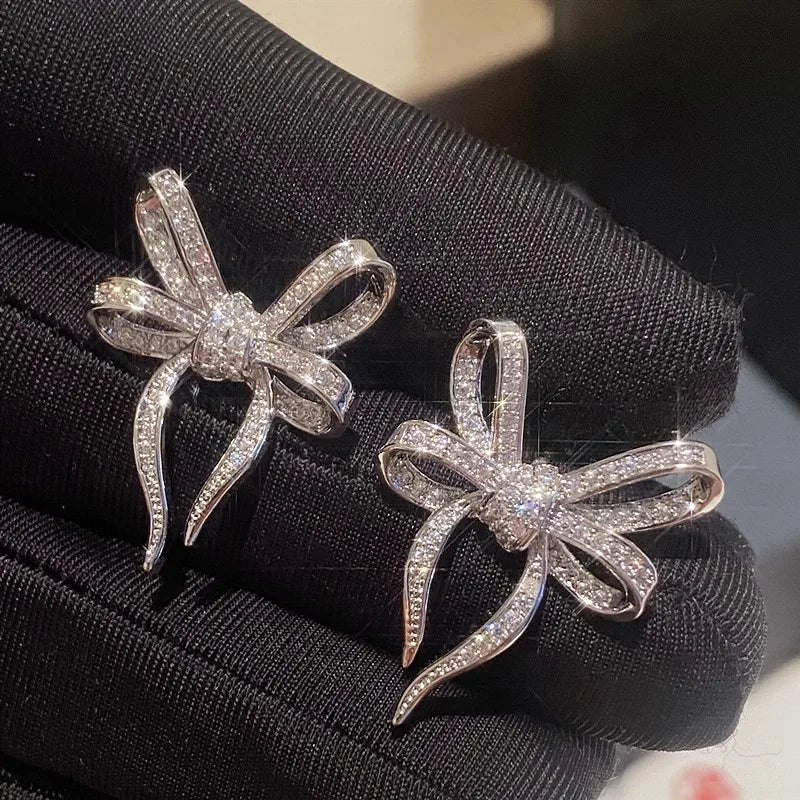 Huitan Exquisite Bow Shaped Stud Earrings for Women Bling Bling Cubic Zirconia Romantic Bowknot Earrings Wedding Trendy Jewelry Pi-Mart