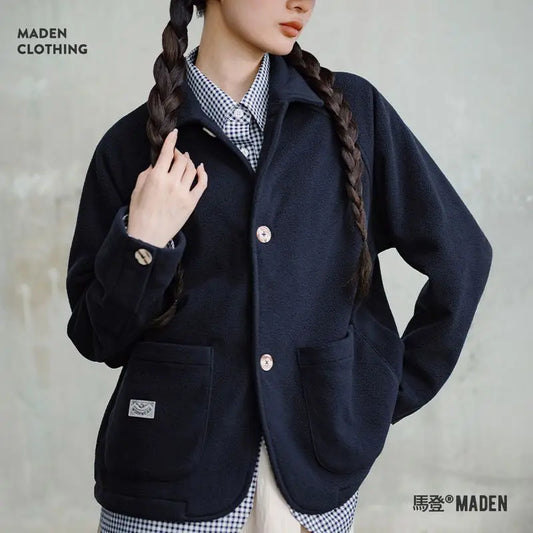 Maden Women's Fleece Lapel Warm Jacket 290gsm Single-breasted Solid Color Casual TOPs Coat for Autumn Winter Outwear LadyShow.Store