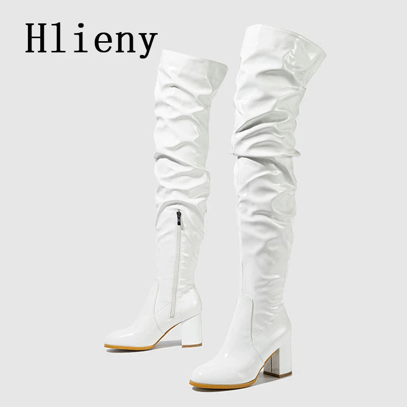 Hlieny 2026 Winter New Thigh High Boots Fashion Patent Leather Round Toe Zip Female Square Heels Pleated Design Women's Shoes Pi-Mart