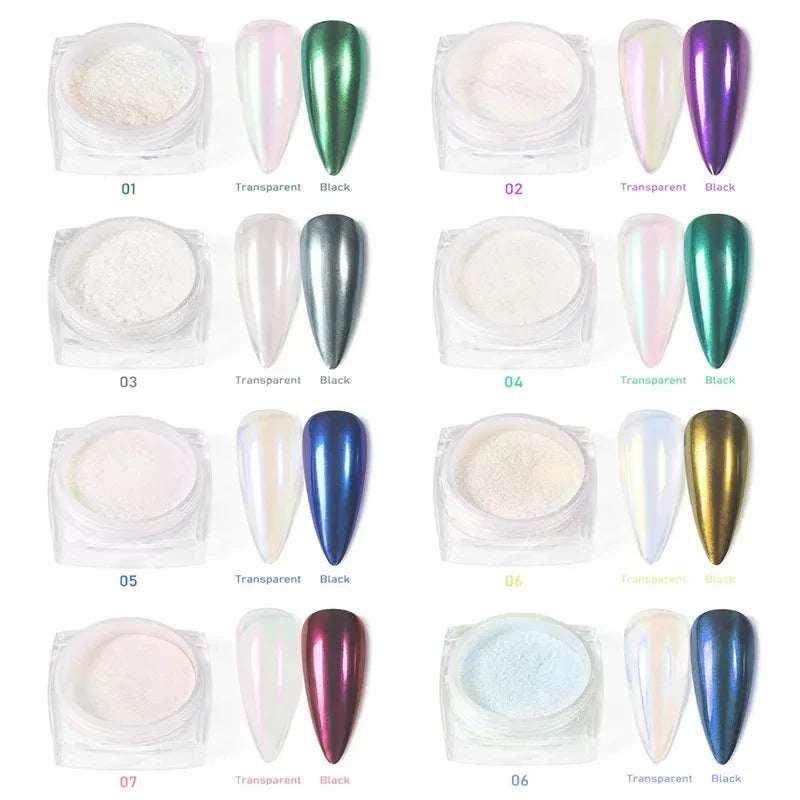 12Pcs/Set Aurora White Nail Mirror Powder 0.3g/Jar Shimmer Moonlight Chrome Pigment Dust for UV Gel Polish Manicure Decorations Tri Light Beauty