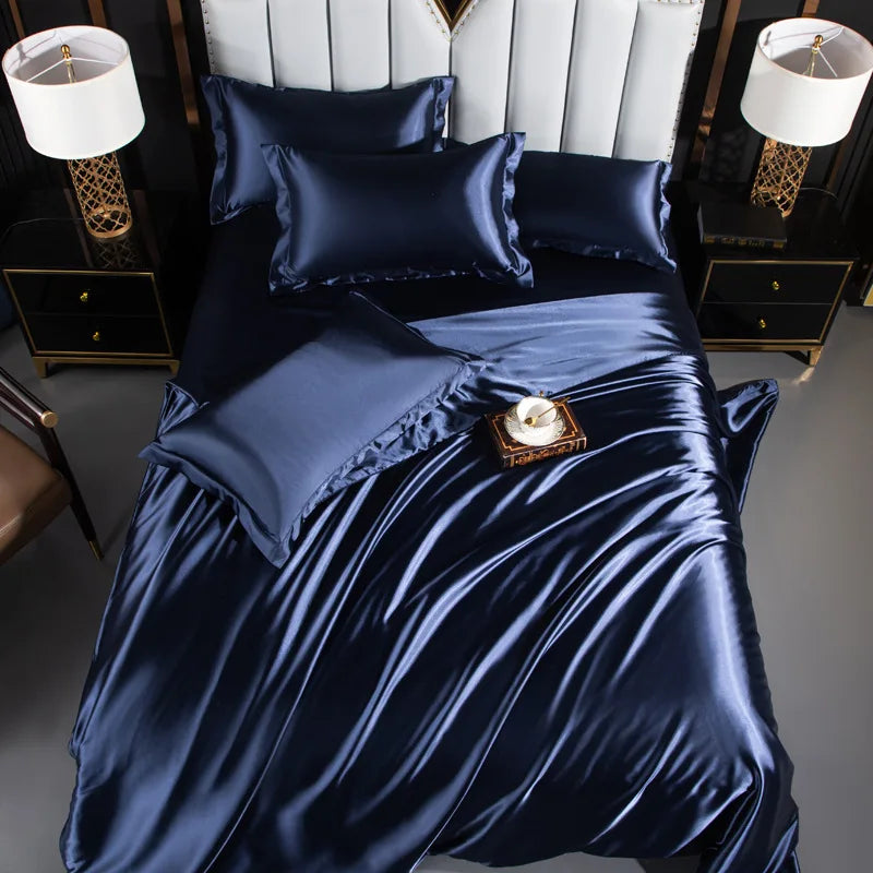 A/B Double-Sided Color Bedding Set Silky Satin Duvet Cover Bed Sheet Pillowcase Luxury Bedsheet King Queen Double Twin Size LadyShow.Store