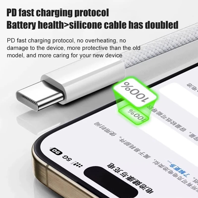 60W USB C Phone Cable For iPhone 16 15 17 Pro Max 17 Air Plus Fast Charging Type-C Charge Braided Cables USB to Type C Data Line Pi-Mart