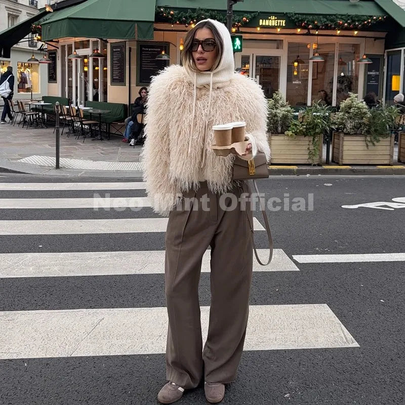 Neo Mint Chic Street Girls Round Neck Faux Mongolia Sheep Fur Coat Women 2025 Winter Fluffy Warm Fur Jacket Cropped Outerwear LadyShow.Store