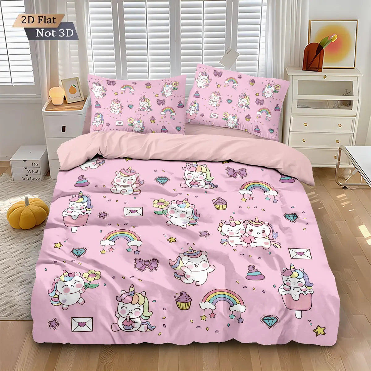 3pcs Cartoon Cute Unicorn Printed Coreless Down Duvet Cover Set, Multi Size Bedroom Bedding Decoration, Machine Washable Pi-Mart