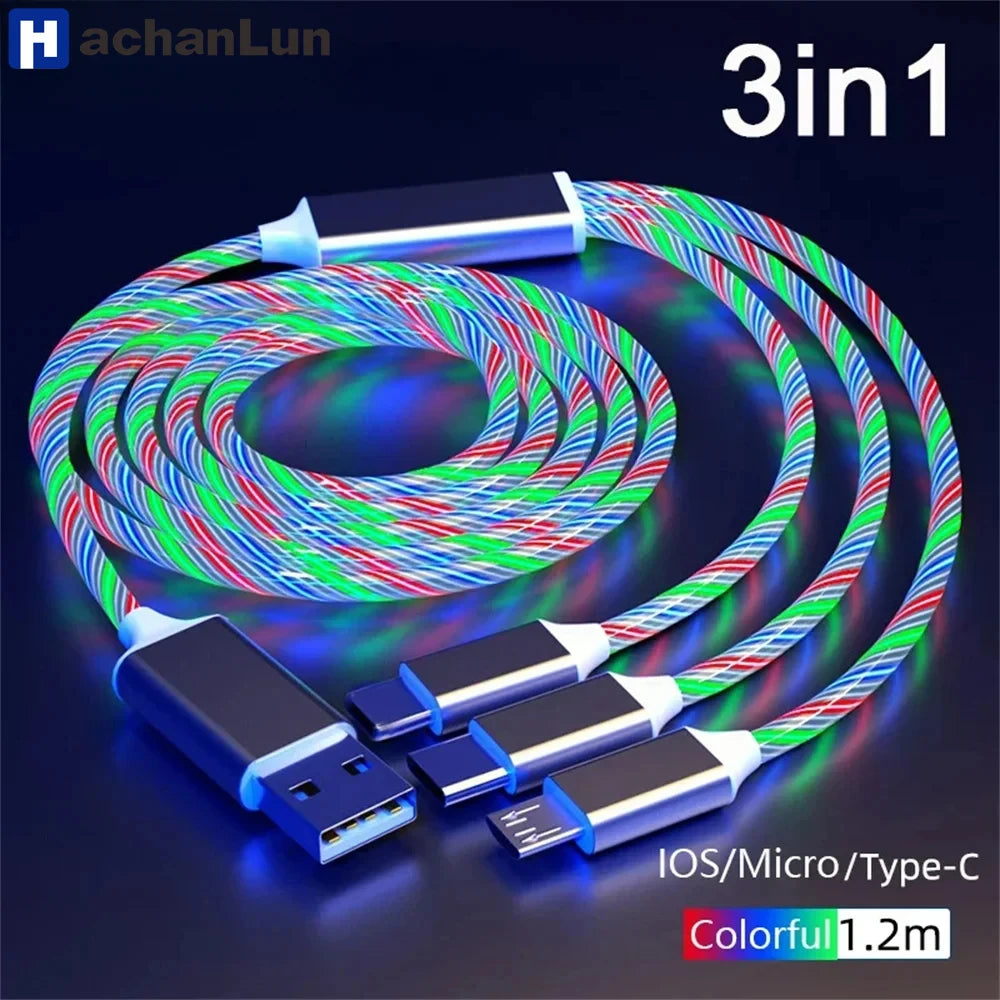 Glowing LED Light USB 3 IN 1 cable Phone Fast Charging Charger Luminous Type C Cable For Xiaomi iPhone Phone Accessories Pi-Mart