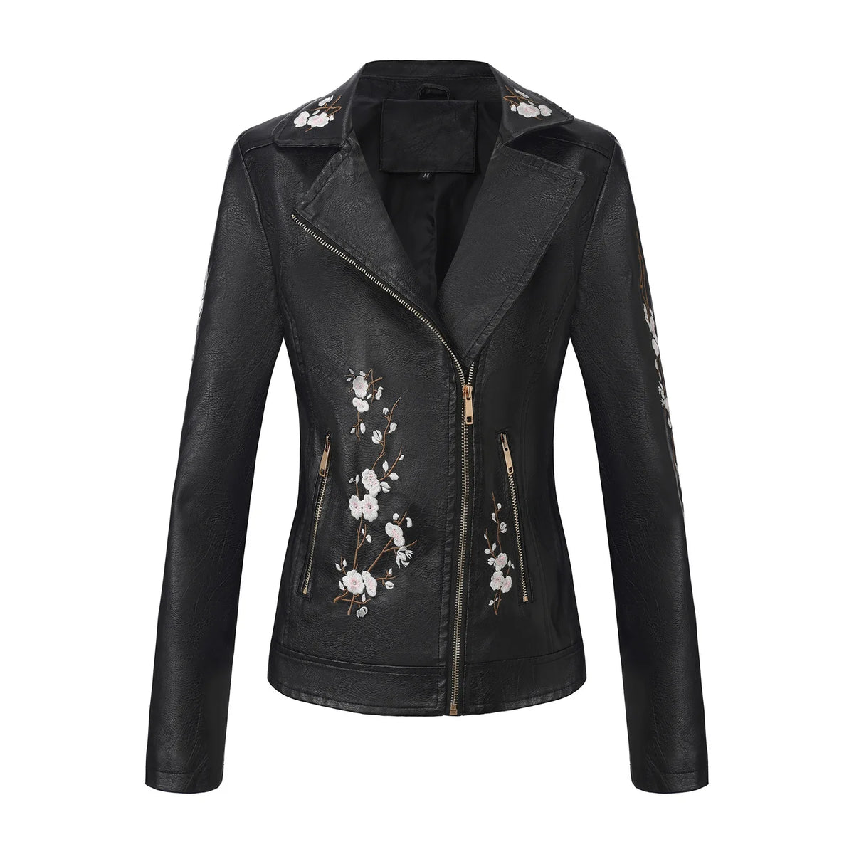 New Fall Women's Black Faux Leather Jacket; White Floral Embroidered PU Coat; Dark Brown Motorcycle-style Top. Pi-Mart