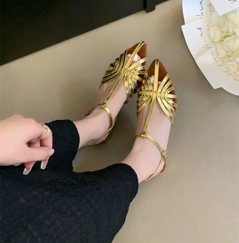 ZAROY Women Roman Sandals Summer Low Heel Ankle Strap Buckle Sandals Pointed Toe Hollowed Out T-strap Sandalias сандали LadyShow.Store