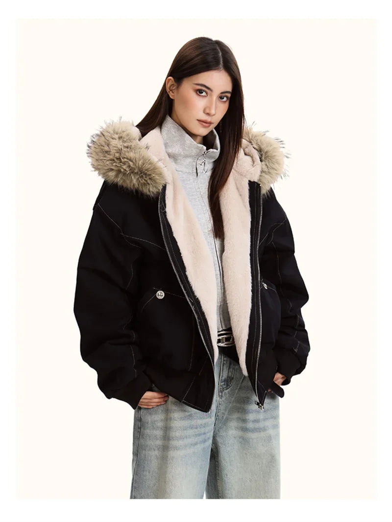 ZAROY Fur Collar Hooded Parkas Y2k Harajuku Thicken Padded Jackets Casual Zipper Gothic Women&Men Winter Coats Streetwear кур LadyShow.Store