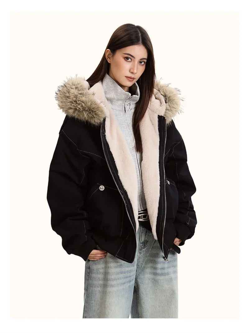 ZAROY Fur Collar Hooded Parkas Y2k Harajuku Thicken Padded Jackets Casual Zipper Gothic Women&Men Winter Coats Streetwear кур LadyShow.Store