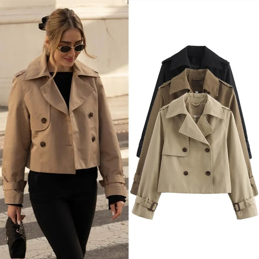 Ladies Vintage Cropped Trench Spring Autumn Jacket Women Streetwear Double Breasted Long Sleeve Top Female Chic Coat Outfits LadyShow.Store