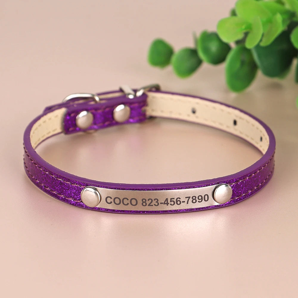 Personalized Cat Collar Custom Leather Cat Collars Free Engraved Puppy Kitten ID Necklace Bling Pet Collars for Small Dogs Cats Pi-Mart