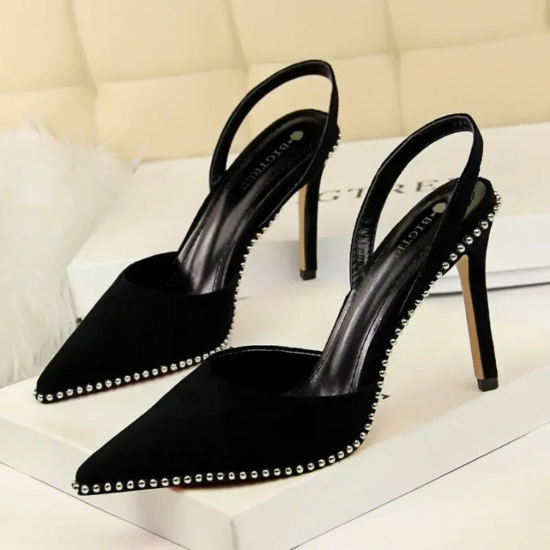Branded Rivet Studded Beaded Design Sandals Women Summer Sexy Pointed Toe Thin High Heels Elegant Wedding Slide Pumps for Ladies LadyShow.Store