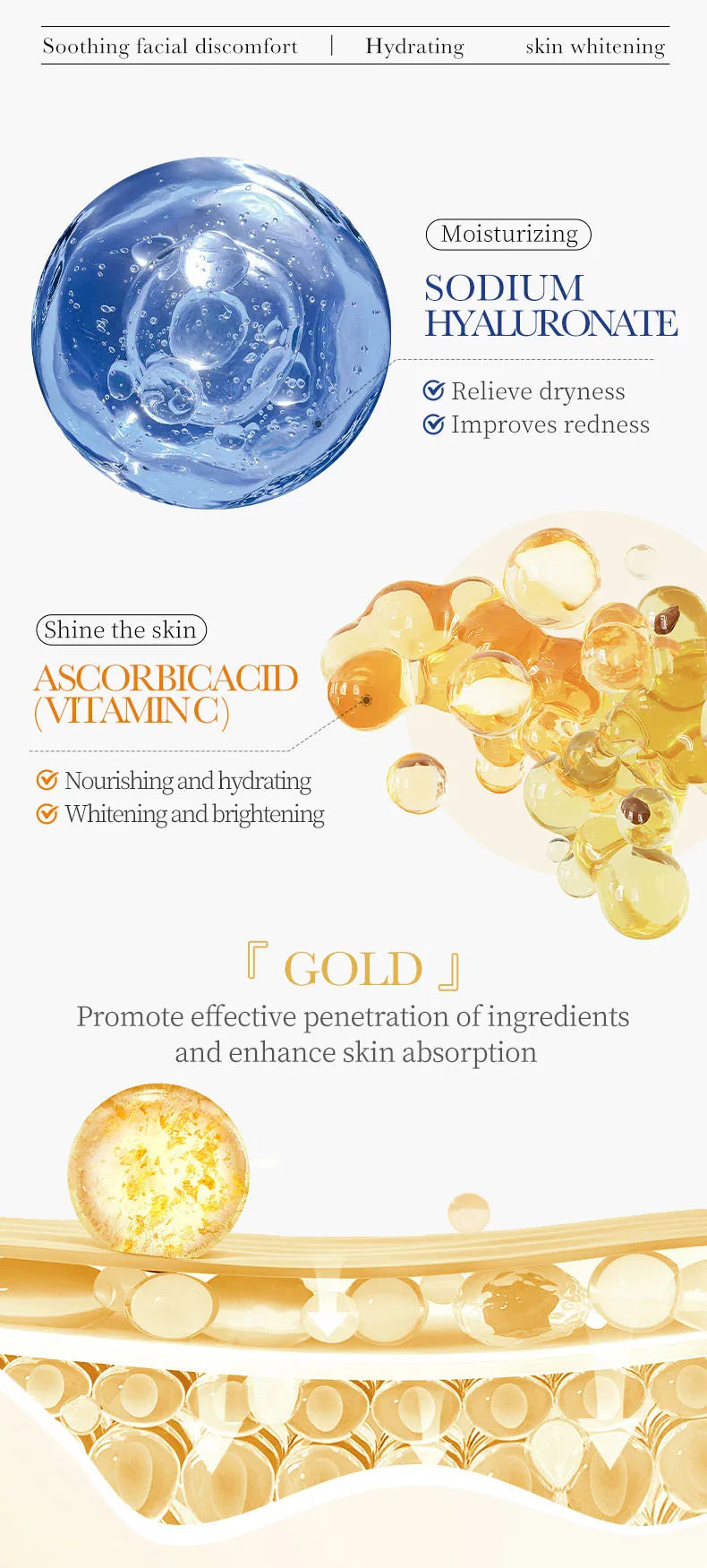 10pcs SADOER 24K Gold Vitamin C Hyaluronic Acid Face Mask Facial Moisturizing Firming Hydrating Facial Masks Skin Care Products Pi-Mart