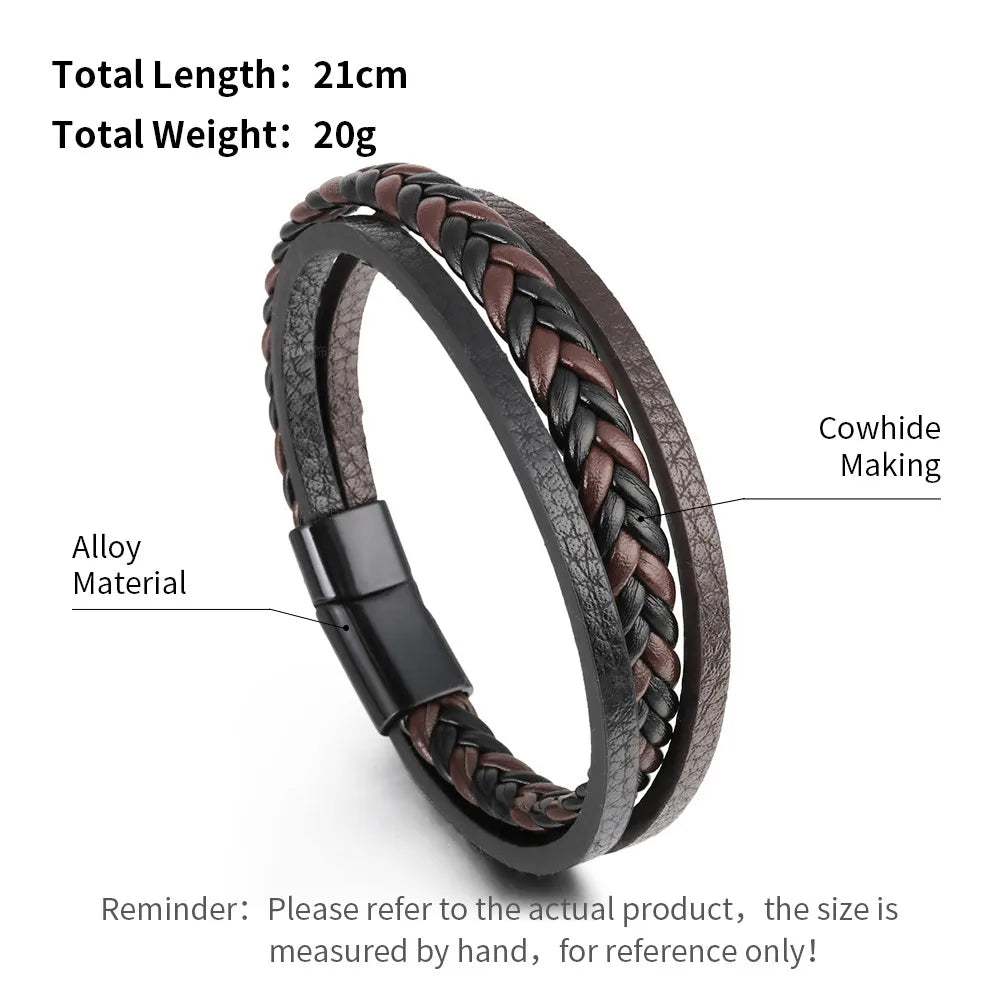 Trendy Leather Bracelets For Men Stainless Steel Bracelet 21CM Multilayer Braided Rope Bracelets for Male Jewelry Gifts Pi-Mart