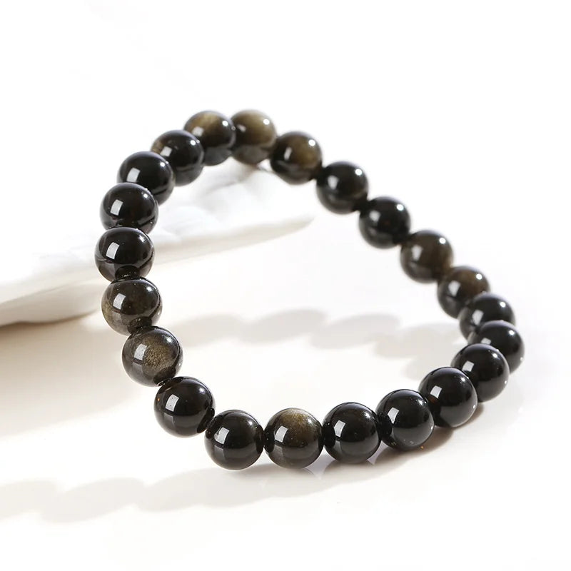 Natural Golden Obsidian Stone Beads Bracelet Men Women Golden Light Rainbow Obsidian Raw Stone Round Bead Natural Energy Jewelry Pi-Mart