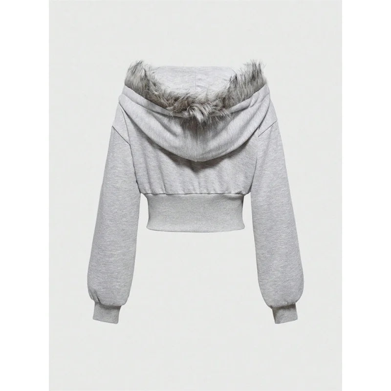 Winter Warm Gothic Print Hoodie Women's Clothin Faux Fur Crop Top Zip-Up Sweatshirt Fashion Y2K Streetwear Hooded Jacket 2026New LadyShow.Store