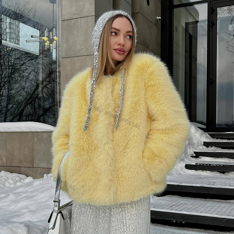 Neo Mint Cool Street Girls Winter Fashion Fluffy Fox Fur Jacket Women Casual Round Neck Faux Fur Coat Chic Thick Warm Outerwear LadyShow.Store