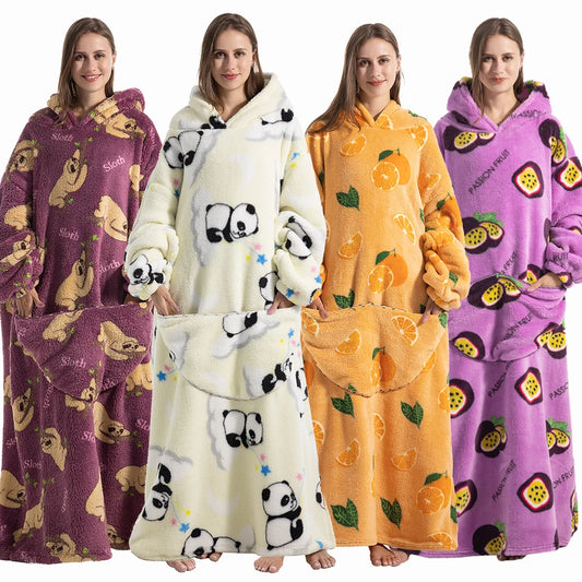 Women Plush Fleece Blanket Men Warm Thick Hoodies Adult Giant TV Blanlets with Sleeves Super Long Cold-proof Homewear Pajamas Pi-Mart